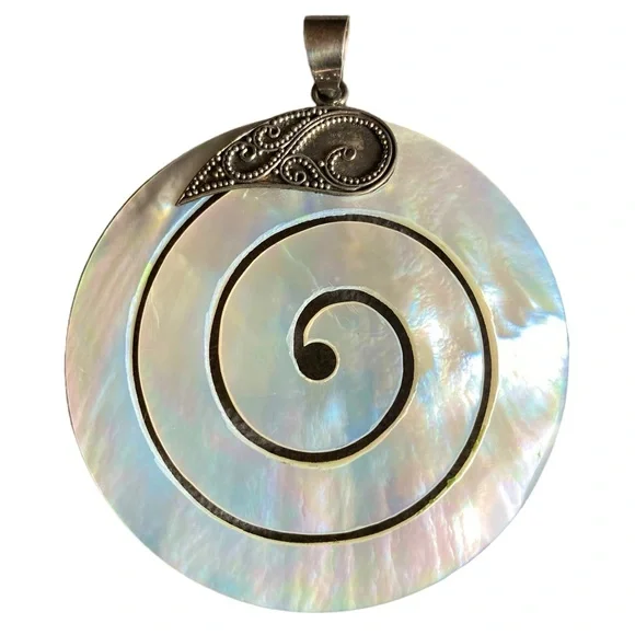 VINTAGE Sterling Silver Collar Mother of Pearl Round 925 Scrollwork Neck… - Picture 3 of 13